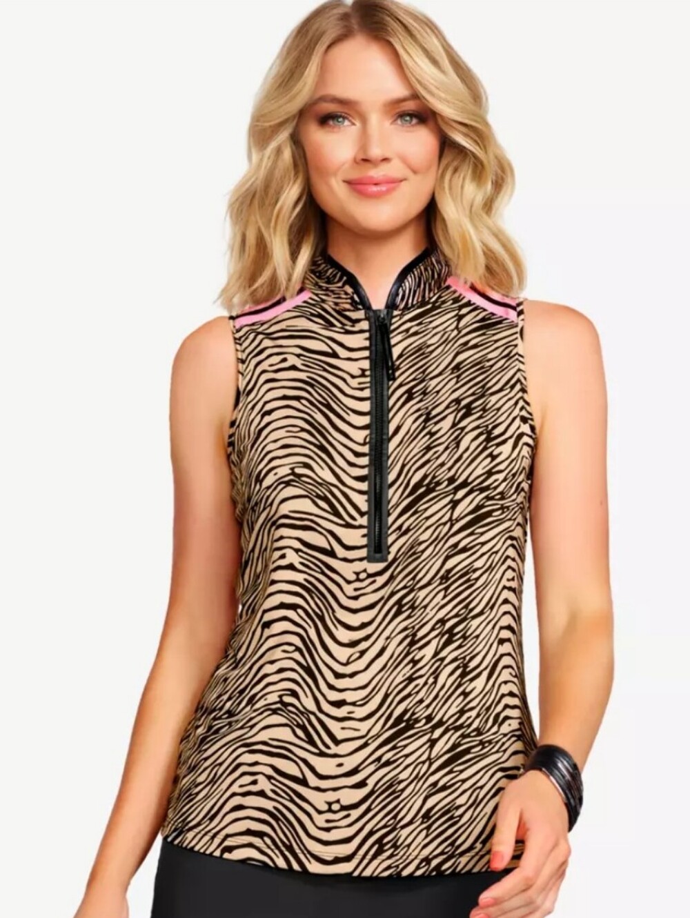 Jamie Sadock Zebra Print Quarter Zip Mockneck Women's Sleeveless Golf Shirt Sz M